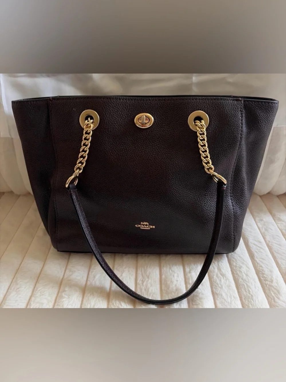 Coach Black Leather Tote with Gold Chain Accents - Picture 2 of 6